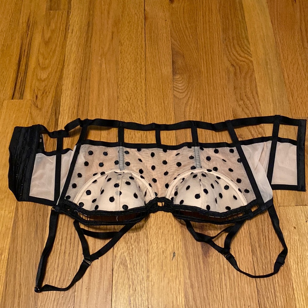 Victoria secrets long line bra black poke dot’s tan and black  like new